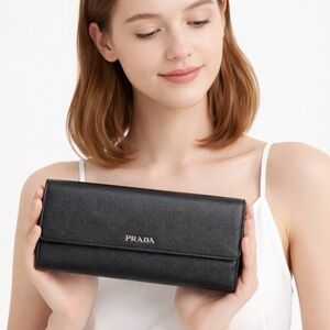 🖤 Prada Saffiano Leather Flap Wallet – Nero / Fuoco (Black & Red)